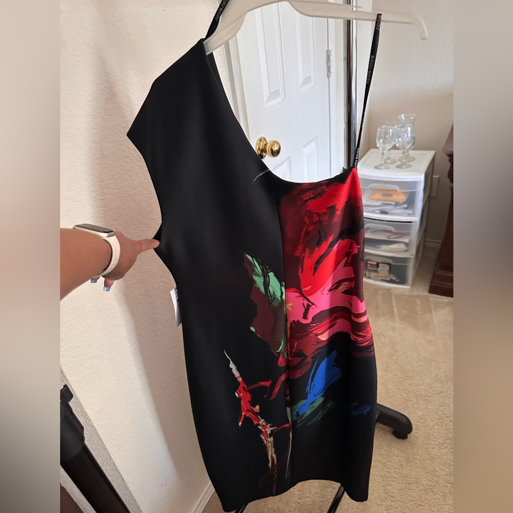 Black multi color one shoulder knee length dress - Picture 3 of 3